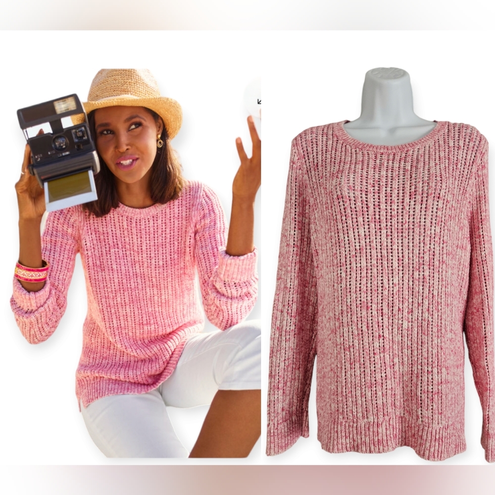 NWOT Talbots pink white open stitch weave cotton sweater Womens XLarge
